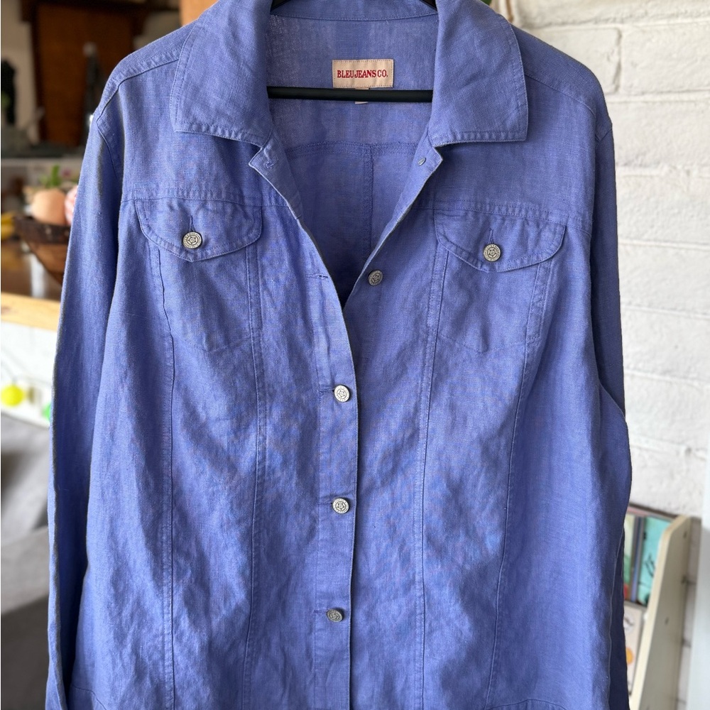 Blue Long Sleeve Notched Collar Button Down Shirt 100% Linen